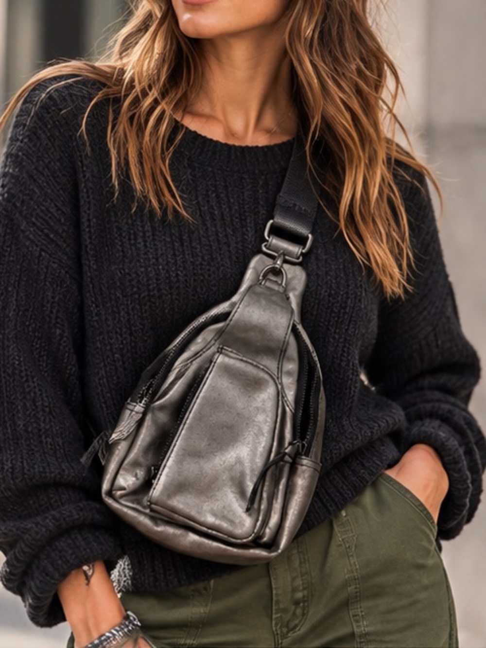 Free People Hudson Metallic Pewter Gunmetal Leather Sling Bag Crossbody